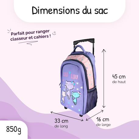 Sac à dos à roulettes 2 compartiments Lili Lou Petits Chats - 32 cm Violet 3 - vertbaudet enfant 