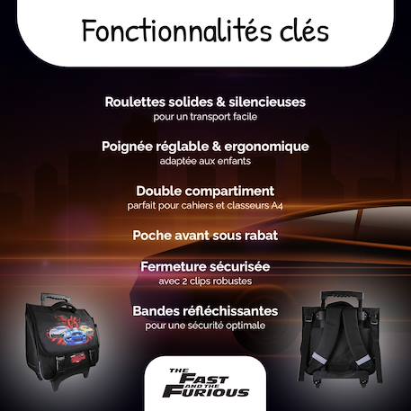 Cartable à roulettes 2 compartiments Fast & Furious - 38 cm Noir 2 - vertbaudet enfant 