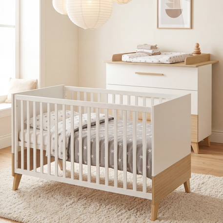 Lit Bébé Évolutif 'Theo' 70 x 140 cm – Hauteur Réglable – Convertible – Blanc / Chêne Blanc - Chêne 2 - vertbaudet enfant 