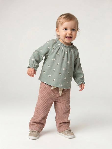 Pantalon large en velours ceinture à fleurs bébé beige+vieux rose 4 - vertbaudet enfant 