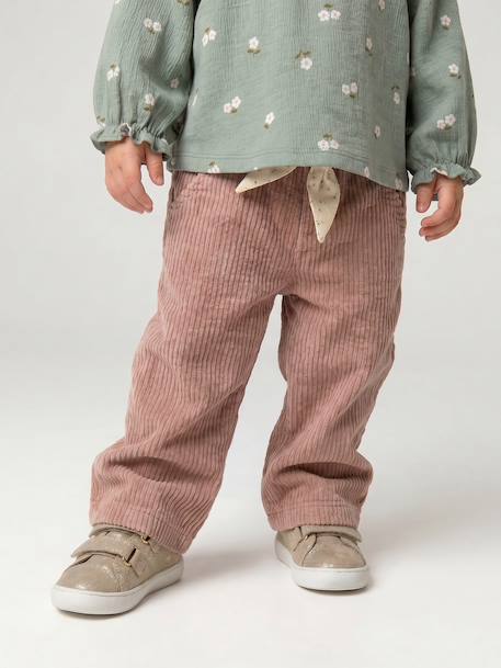 Pantalon large en velours ceinture à fleurs bébé beige+vieux rose 8 - vertbaudet enfant 