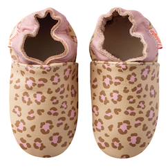 -Chaussons bébé cuir souple léopard rose