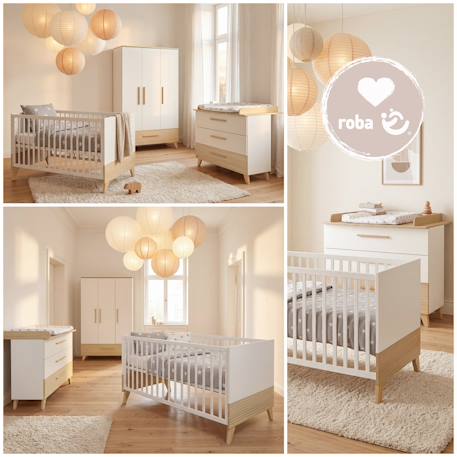 Ensemble Chambre Bébé 'Theo' Trio - Lit 70x140 + Commode à Langer + Armoire Blanc / chêne 3 - vertbaudet enfant 
