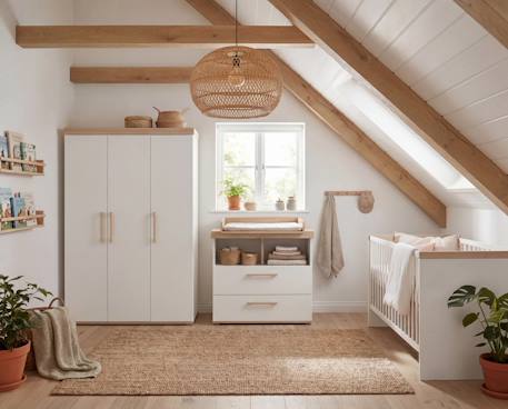 Commode à langer 'jimmy' avec tiroir / compartiment ouvert – poignées en bois massif Blanc+Mauve+Sauge 3 - vertbaudet enfant 
