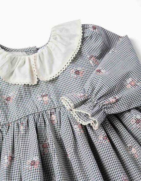 Robe en coton à motif vichy et imprimé floral Bleu foncé 4 - vertbaudet enfant 
