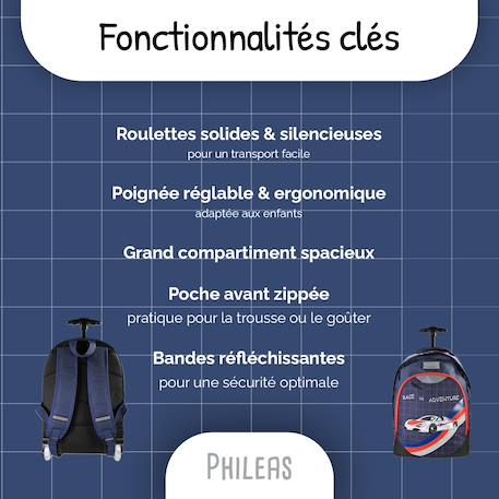 Sac à dos scolaire à roulettes 2 compartiments Phileas - 45 cm Bleu 2 - vertbaudet enfant 