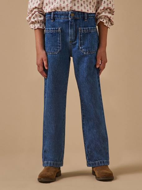 Pantalon droit fille en denim Denim stone+Ecru 1 - vertbaudet enfant 