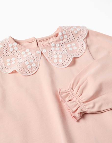T-shirt à manches longues avec col en broderie anglaise Blanc+Rose clair 6 - vertbaudet enfant 