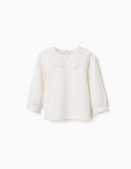 T-shirt à manches longues avec col en broderie anglaise Blanc+Rose clair 1 - vertbaudet enfant 