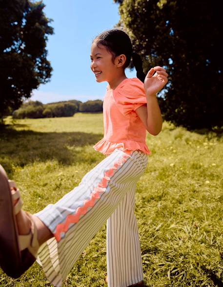 Pantalon en coton à rayures avec galon ric rac Beige clair 2 - vertbaudet enfant 