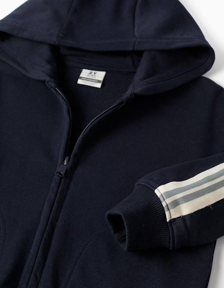 Sweat zippé en coton avec capuche et bande à rayures Bleu foncé 3 - vertbaudet enfant 