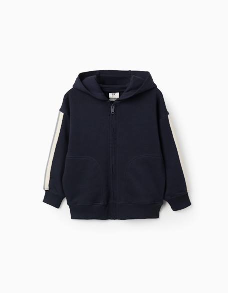 Sweat zippé en coton avec capuche et bande à rayures Bleu foncé 1 - vertbaudet enfant 