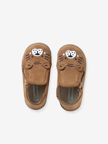 Chaussons bébé cuir souple zip marron+vert sauge 2 - vertbaudet enfant 