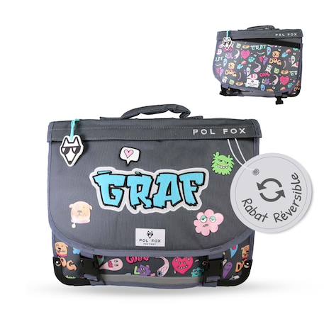 Cartable réversible 2 compartiments Street Art - 38 cm Gris 1 - vertbaudet enfant 