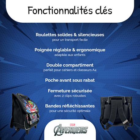 Cartable à roulettes 2 compartiments Marvel Avengers - 38 cm Noir 2 - vertbaudet enfant 