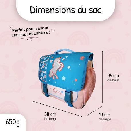 Cartable scolaire 2 compartiments Cybel Licorne Fleurie - 38 cm Bleu 3 - vertbaudet enfant 