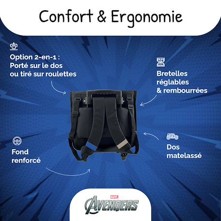 Cartable à roulettes 2 compartiments Marvel Avengers - 38 cm Noir 4 - vertbaudet enfant 