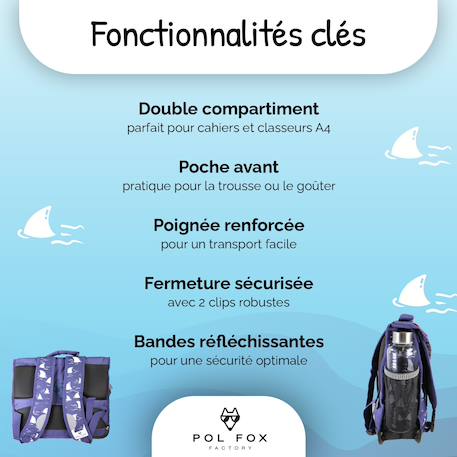 Cartable réversible 2 compartiments Shark - 38 cm Bleu 2 - vertbaudet enfant 