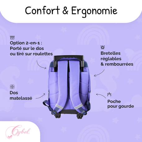 Sac à dos scolaire à roulettes 2 compartiments Cybel Licorne Céleste Violet 4 - vertbaudet enfant 