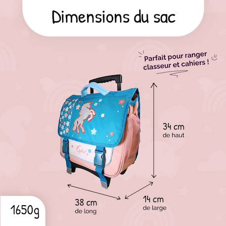 Cartable à roulettes 2 compartiments Cybel Licorne - 38 cm Bleu 3 - vertbaudet enfant 