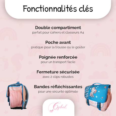Cartable scolaire 2 compartiments Cybel Licorne Fleurie - 38 cm Bleu 2 - vertbaudet enfant 
