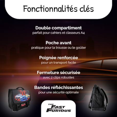 Cartable scolaire 2 compartiments Fast & Furious - 38 cm Noir 2 - vertbaudet enfant 
