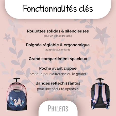 Sac à dos scolaire à roulettes 2 compartiments Phileas Cygne - 45 cm Bleu 2 - vertbaudet enfant 