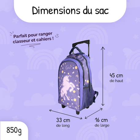 Sac à dos scolaire à roulettes 2 compartiments Cybel Licorne Céleste Violet 3 - vertbaudet enfant 