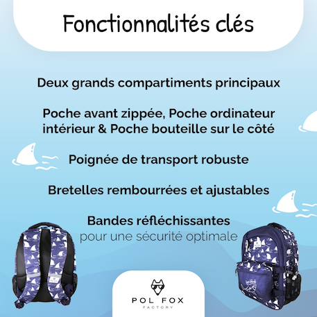 Sac à dos scolaire réversible 2 compartiments Shark Bleu 2 - vertbaudet enfant 