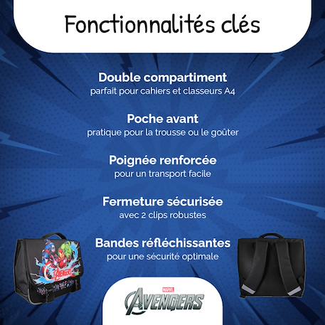 Cartable scolaire 2 compartiments Marvel Avengers  - 38 cm Noir 2 - vertbaudet enfant 