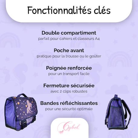 Cartable scolaire 2 compartiments Cybel Licorne Céleste- 38 cm Violet 2 - vertbaudet enfant 