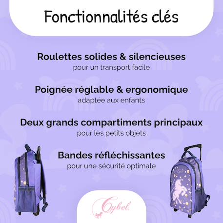 Sac à dos scolaire à roulettes 2 compartiments Cybel Licorne Céleste Violet 2 - vertbaudet enfant 