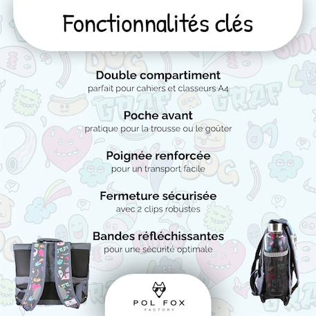 Cartable réversible 2 compartiments Street Art - 38 cm Gris 2 - vertbaudet enfant 
