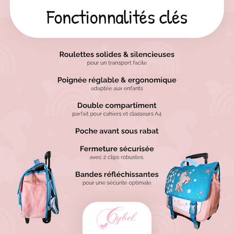 Cartable à roulettes 2 compartiments Cybel Licorne - 38 cm Bleu 2 - vertbaudet enfant 