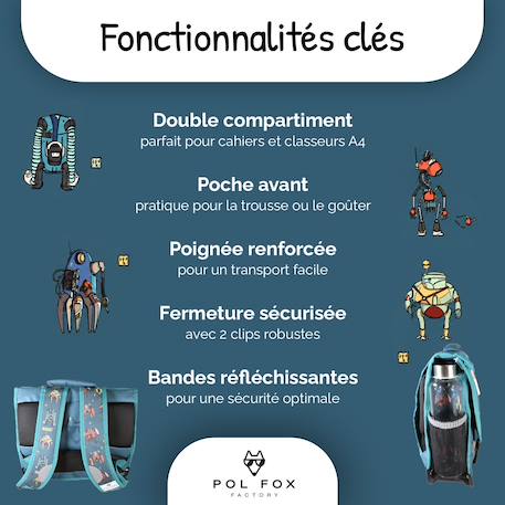 Cartable à colorier et réversible 2 compartiments Robot - 38 cm Bleu 2 - vertbaudet enfant 
