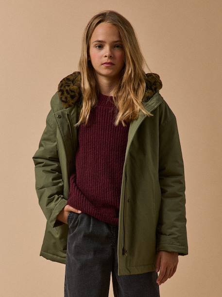 Parka courte doublée léopard - collection junior Vert olive 1 - vertbaudet enfant 