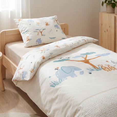 Parure housse de couette et taie d'oreiller woodland buddies Beige - savanna friends+Vert pastel - woodland buddies 2 - vertbaudet enfant 