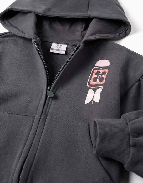 Sweat zippé en coton à capuche et imprimé floral Gris foncé 3 - vertbaudet enfant 