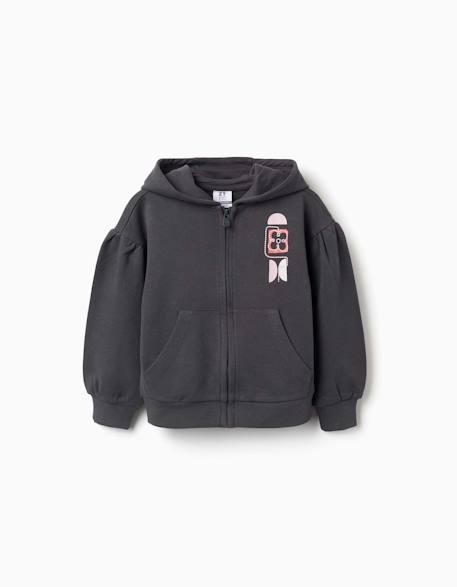 Sweat zippé en coton à capuche et imprimé floral Gris foncé 1 - vertbaudet enfant 