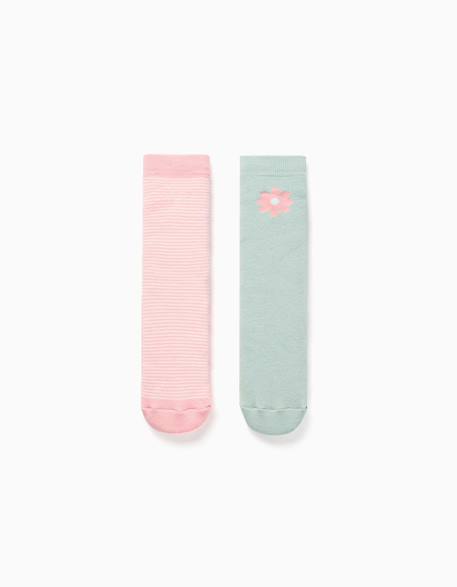 Fille-Sous-vêtement-Chaussettes-2 chaussettes en éponge antidérapantes avec rayures et fleur