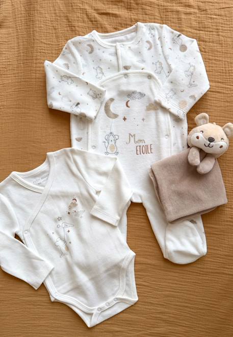 Kit naissance 3 pièces pyjama, body et doudou bébé eliah Ecru 1 - vertbaudet enfant 