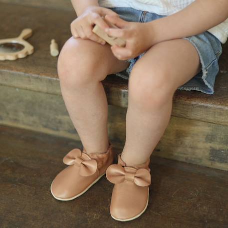 Chaussons bébé cuir souple uni nœuds Rose 3 - vertbaudet enfant 