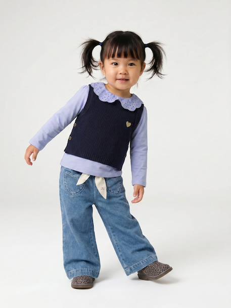 T-shirt bébé col brodé manches longues beige clair+bleu+rayé marine+rayé rouge 14 - vertbaudet enfant 
