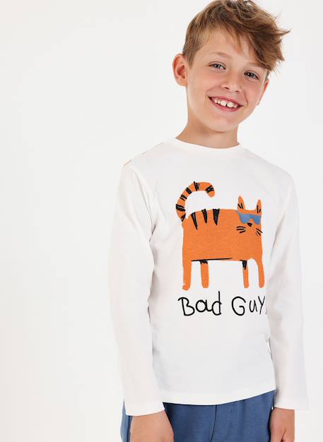 T-shirt en maille garçon imprimé chat Blanc 1 - vertbaudet enfant 