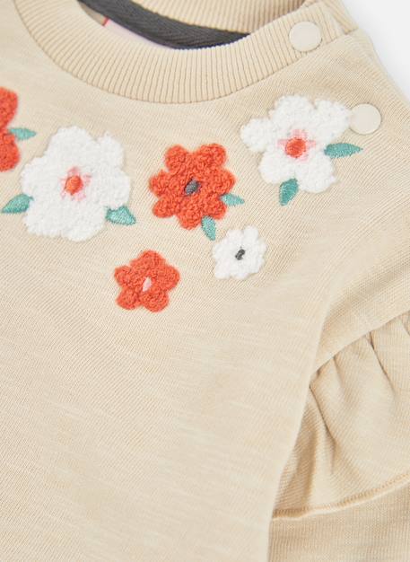 Sweat-shirt fille molleton brodé fleurs Beige 4 - vertbaudet enfant 