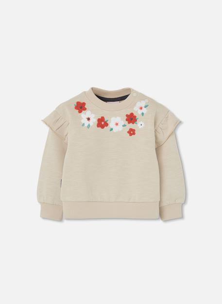 Sweat-shirt fille molleton brodé fleurs Beige 2 - vertbaudet enfant 
