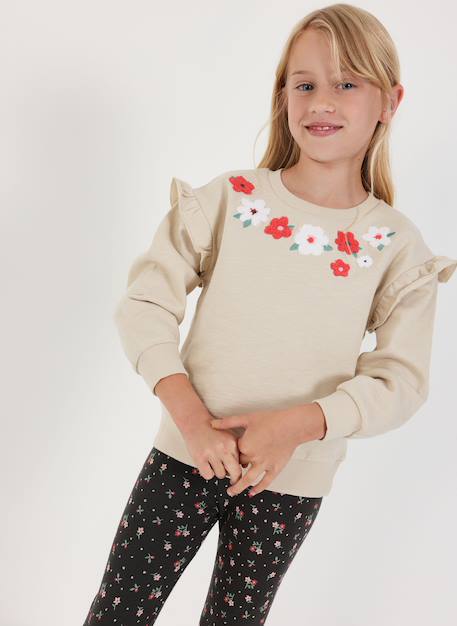 Sweat-shirt fille molleton brodé fleurs Beige 1 - vertbaudet enfant 