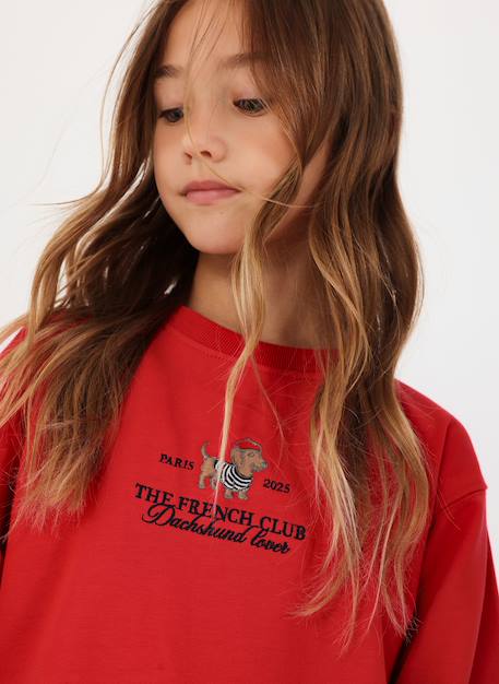 Sweat-shirt fille en molleton broderie chien Grenat 1 - vertbaudet enfant 
