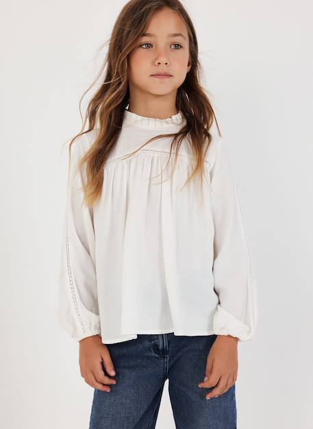 Blouse fille avec dentelle et col froncé Blanc 1 - vertbaudet enfant 