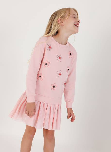 Robe fille molleton et tulle brodé fleurs Pink 1 - vertbaudet enfant 